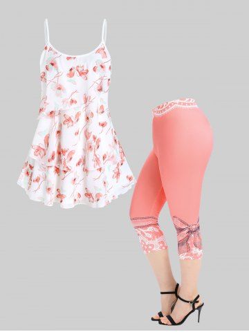 Floral Print Layered Cami Top and High Waist 3D Print Capri Skinny Leggings Plus Size Outfit - WHITE