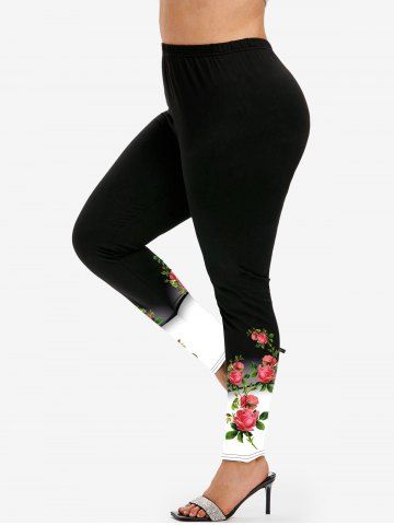 Plus Size Colorblock Rose Print Tight Leggings