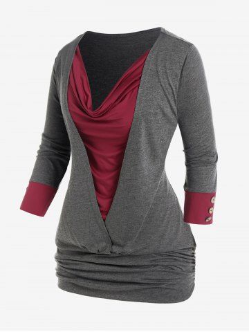 Plus Size Cowl Neck Ruched Faux Twinset Tee - GRAY - M | US 10