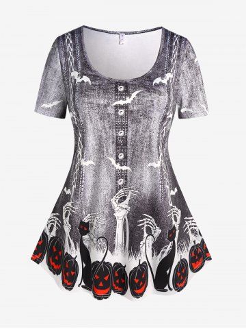 Plus Size 3D Denim Skeleton Pumpkin Print Halloween Tee - GRAY - 2X | US 18-20