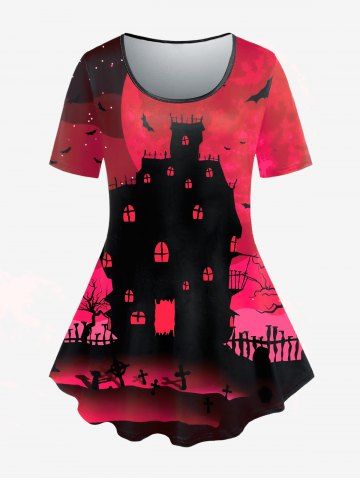 Plus Size Halloween Bat Castle Print Tee - RED - 4X | US 26-28