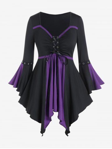 Gothic Plus Size Flare Sleeves Lace Up Two Tone Handkerchief Top - PURPLE - 3X | US 22-24