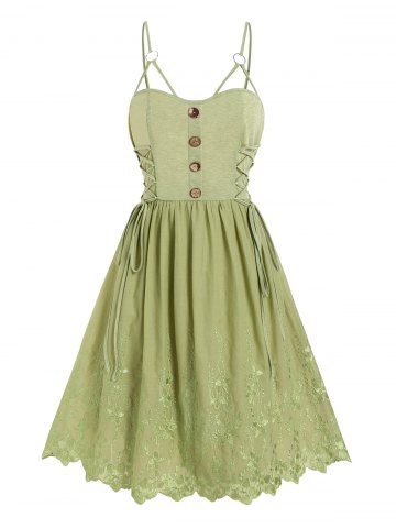 Flower Embroidery Lace Up O Ring Adjustable Straps A Line Dress - LIGHT GREEN - M