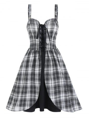 Plaid Print Lace Up Buckle Straps Backless Mini A Line Dress - BLACK - M