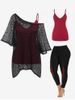 Lace Tee and Contrast Tank Top Set and Plaid Printed High Waisted Leggings Plus Size Outfit -  
