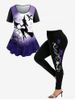 Ensemble de Legging D'Halloween et T-shirt à Imprimé Chat Chauve-souris et Papillon Grande Taille - Violet clair 