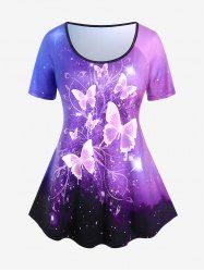 T-shirt à Imprimé Galaxie et Papillon à Manches Raglan Grande Taille - Pourpre  1X | US 14-16