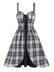 Plaid Print Lace Up Buckle Straps Backless Mini A Line Dress -  