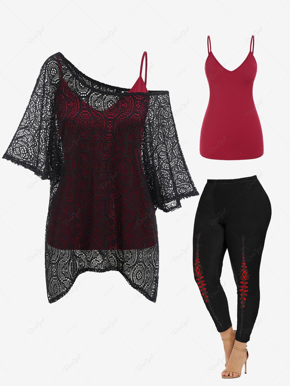 Fancy Lace Tee and Contrast Tank Top Set and Plaid Printed High Waisted Leggings Plus Size Outfit  