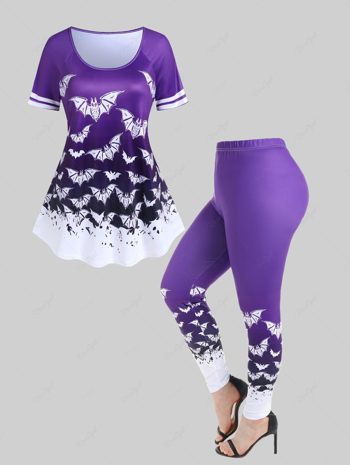 Ensemble T-shirt Halloween Moulant à Imprimé Chauve-souris et Legging à Taille Haute de Grande Taille Pourpre  