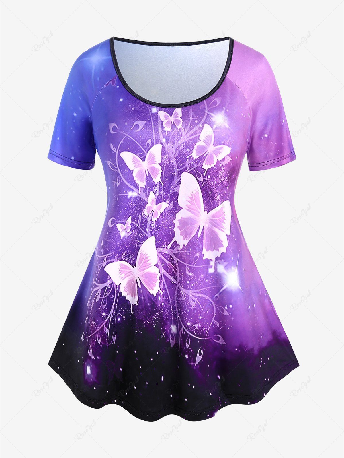T-shirt à Imprimé Galaxie et Papillon à Manches Raglan Grande Taille Pourpre  1X | US 14-16