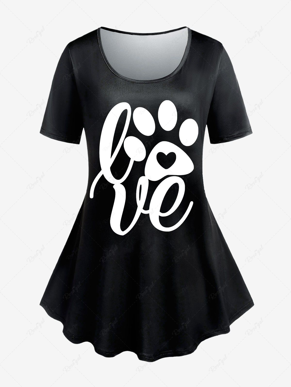 T-Shirt à Imprimé Patte de Boutonnage et Inscription LOVE Style Graphique Grande-Taille Noir 5x | US 30-32