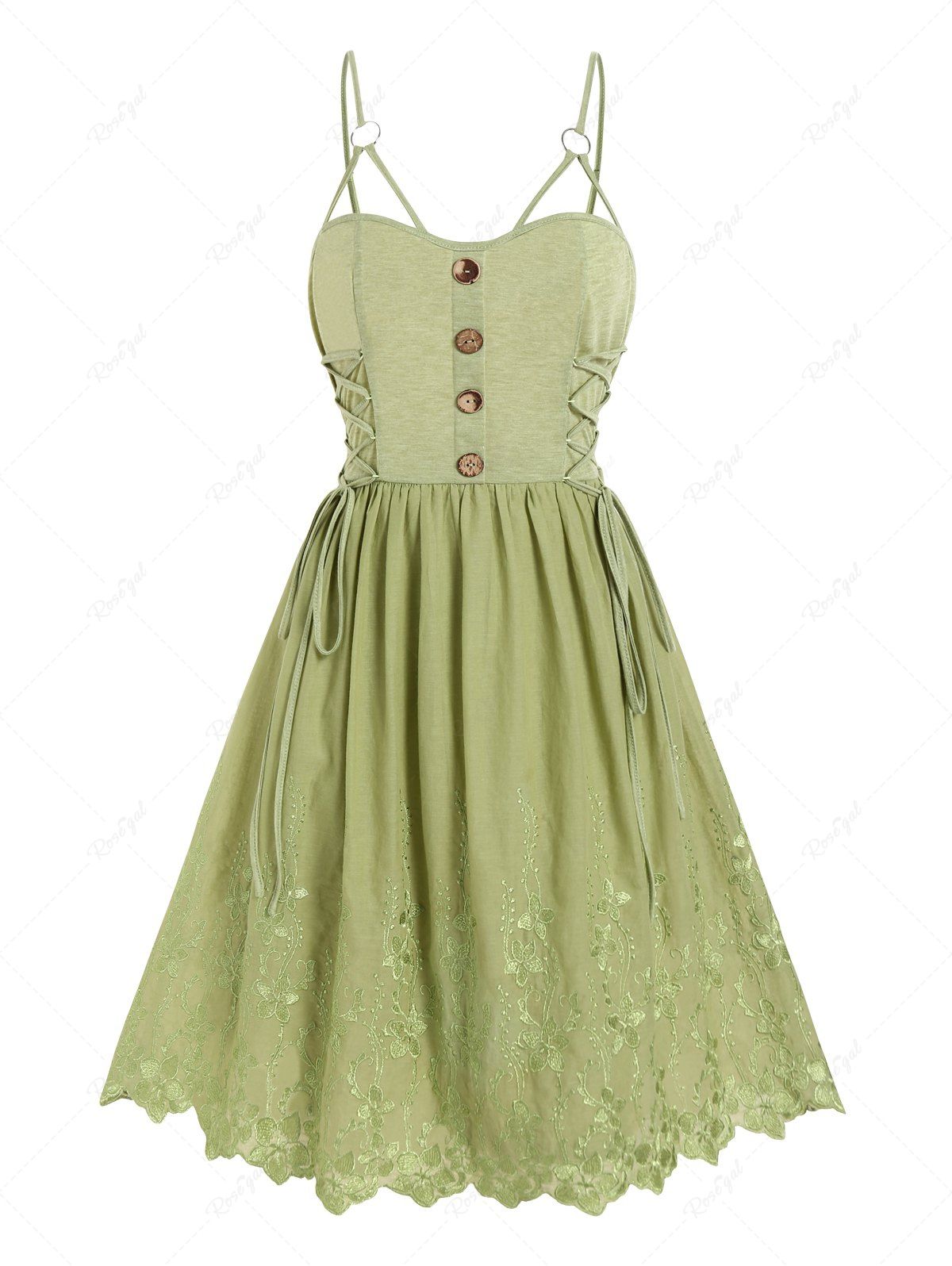New Flower Embroidery Lace Up O Ring Adjustable Straps A Line Dress  