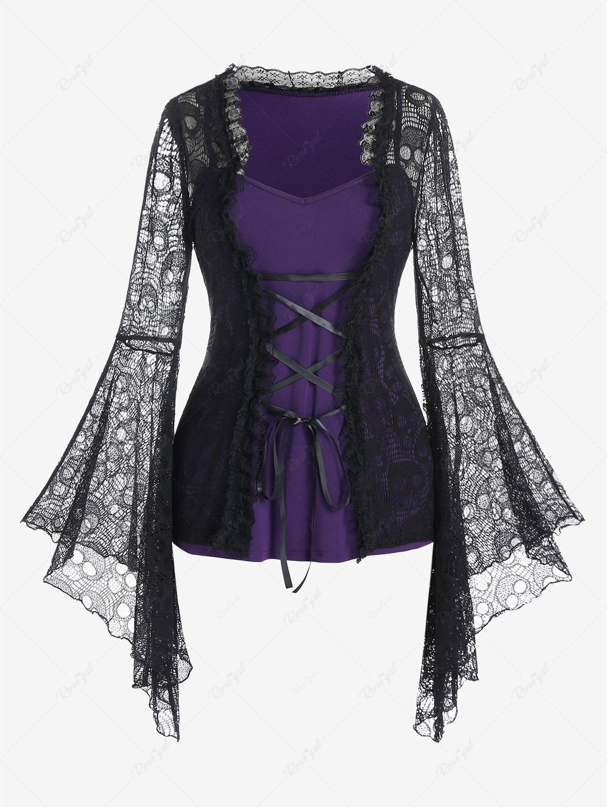 Latest Gothic Bell Sleeve Skull Lace Lacing Tee  