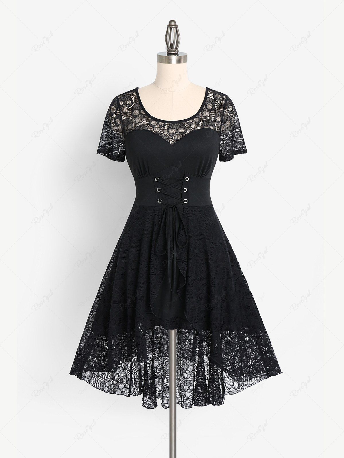 New Vintage Gothic Skull Lace Panel High Low Midi Dress  