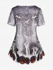 Plus Size 3D Denim Skeleton Pumpkin Print Halloween Tee -  
