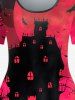 T-shirt D'Halloween à Imprimé Château et Chauve-souris de Grande Taille - Rouge 