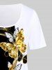 Plus Size Golden Butterfly Printed Colorblock T Shirt -  