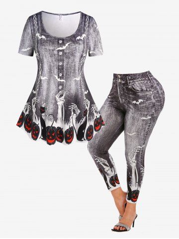 3D Denim Skeleton Pumpkin Print T-shirt and Halloween Skeleton Cat 3D Leggings Plus Size Outfit - GRAY
