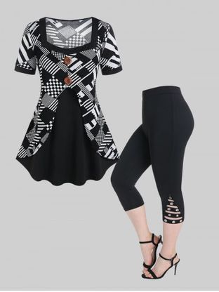Checkerboard Stripes Square Neck Colorblock T Shirt and Grommet Cutout Solid Leggings Plus Size Outfit