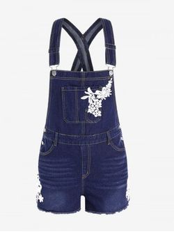 Plus Size & Curve Flower Applique Pocket Frayed Denim Overall Shorts - DEEP BLUE - L