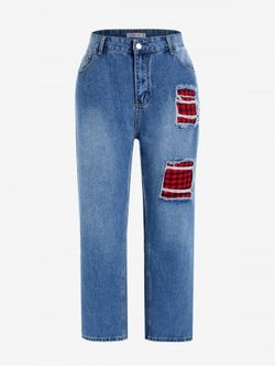 Plus Size Distressed Plaid Patch Mom Jeans - DEEP BLUE - 1X