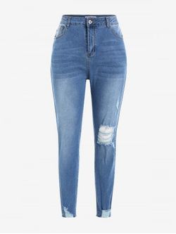 Plus Size Ripped Destroyed Frayed Hem Mom Jeans - BLUE - 5X