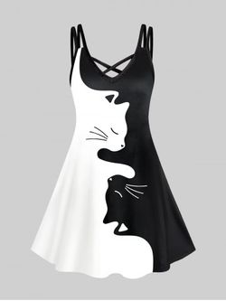 Plus Size Cartoon Cat Pattern Two Tone Crisscross A Line Dress - BLACK - L | US 12