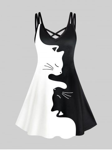 Plus Size Cartoon Cat Pattern Two Tone Crisscross A Line Dress - BLACK - 3X | US 22-24