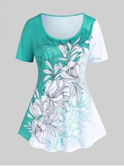 Plus Size Floral Print Colorblock Tee - GREEN - 5X | US 30-32