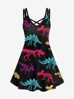 Plus Size Dinosaur Skeleton Print Crisscross Dress - BLACK - L | US 12