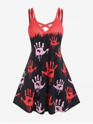 Plus Size Crisscross Bloody Handprint Halloween Dress