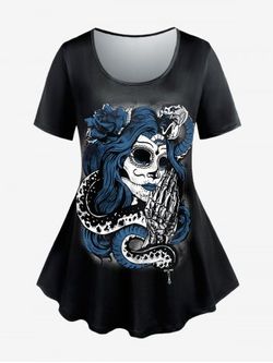 T-shirt Gothique à Imprimé Rose et Sorcière - BLACK - 5X | US 30-32