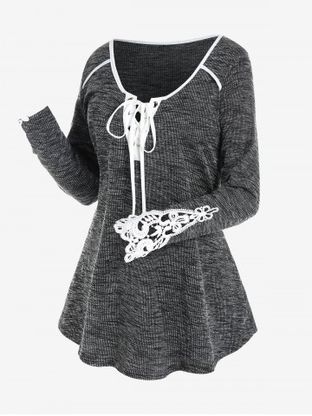 Plus Size Lace-up Long Sleeves T Shirt with Lace Panel