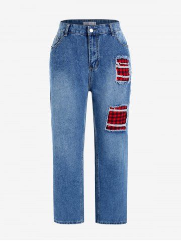 Plus Size Distressed Plaid Patch Mom Jeans