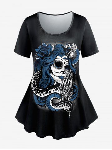 Gothic Witch Rose Print T-shirt - BLACK - 5X | US 30-32
