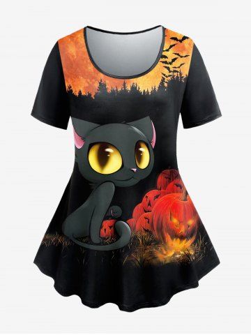 Plus Size Halloween Pumpkins Cat Printed Short Sleeves Tee - DARK ORANGE - 3X | US 22-24