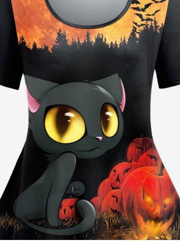 Plus Size Halloween Pumpkins Cat Printed Short Sleeves Tee