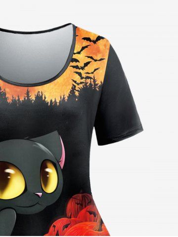Plus Size Halloween Pumpkins Cat Printed Short Sleeves Tee