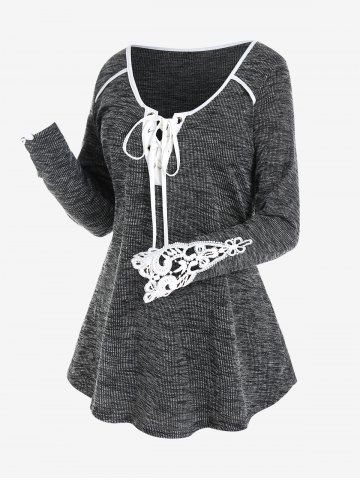 Plus Size Lace-up Long Sleeves T Shirt with Lace Panel - DARK GRAY - M | US 10