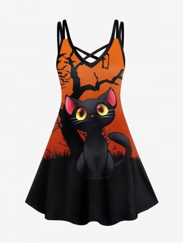 Plus Size Halloween Cat Tree Print Crisscross Dress - DARK ORANGE - 2X | US 18-20