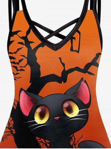 Plus Size Halloween Cat Tree Print Crisscross Dress