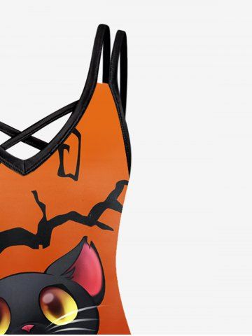 Plus Size Halloween Cat Tree Print Crisscross Dress