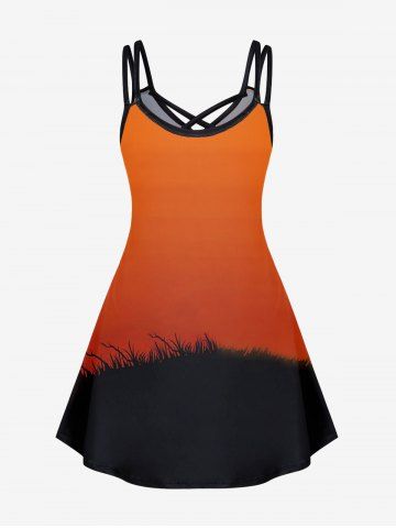 Plus Size Halloween Cat Tree Print Crisscross Dress