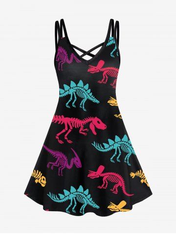 Plus Size Dinosaur Skeleton Print Crisscross Dress - BLACK - L | US 12