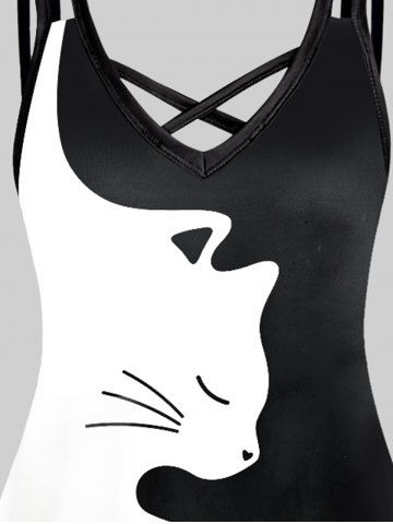 Plus Size Cartoon Cat Pattern Two Tone Crisscross A Line Dress
