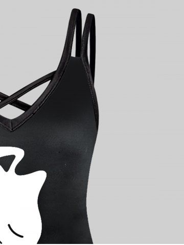 Plus Size Cartoon Cat Pattern Two Tone Crisscross A Line Dress