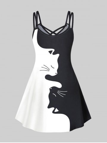 Plus Size Cartoon Cat Pattern Two Tone Crisscross A Line Dress