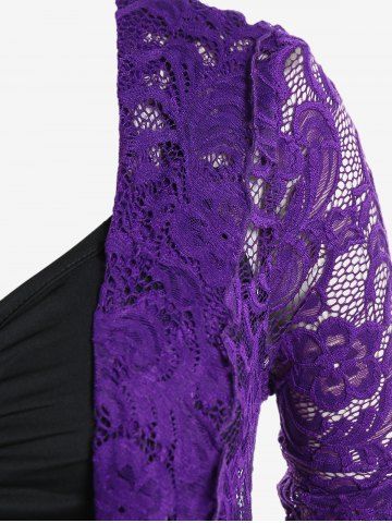 Plus Size Sheer Lace Cardigan and Ruched Tank Top Set