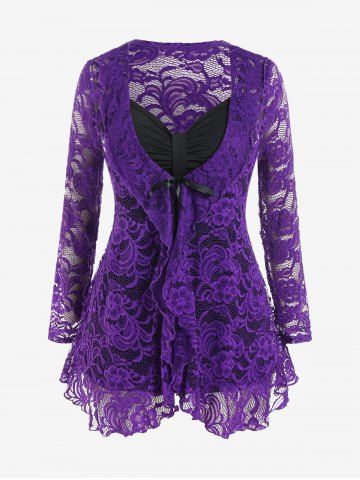Plus Size Sheer Lace Cardigan and Ruched Tank Top Set